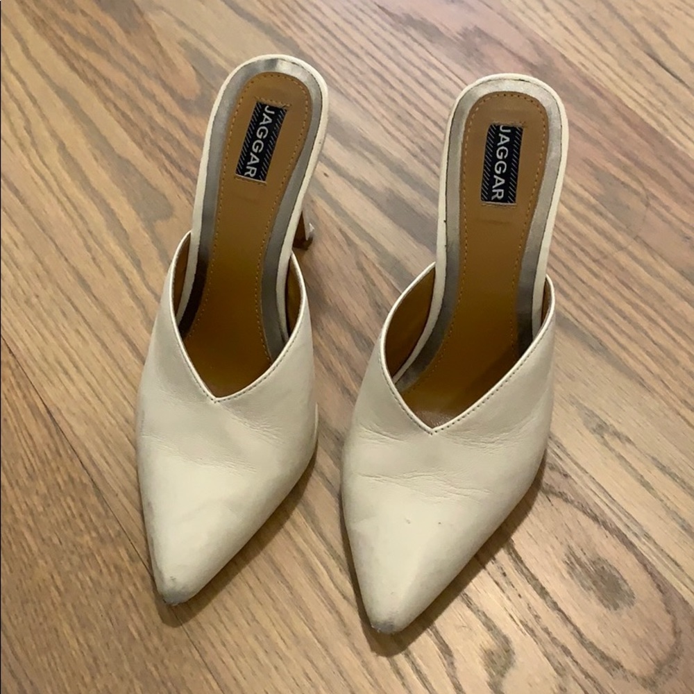 White pointy high heel mules